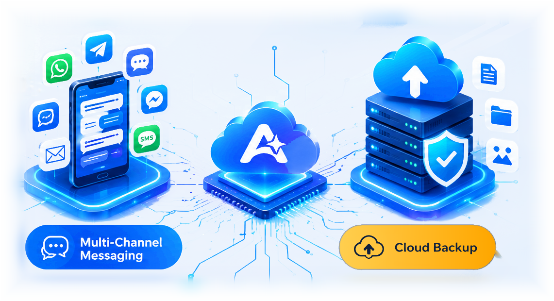 Multi-channel messaging on a phone and cloud backup servers, connected through the AccuWeb.IO cloud